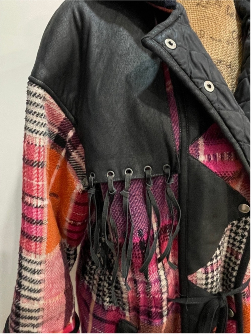 Hilary Radley Vintage Plaid Long Coat S Leather Fringe Fairy Grunge Whimsigoth - Picture 3 of 12